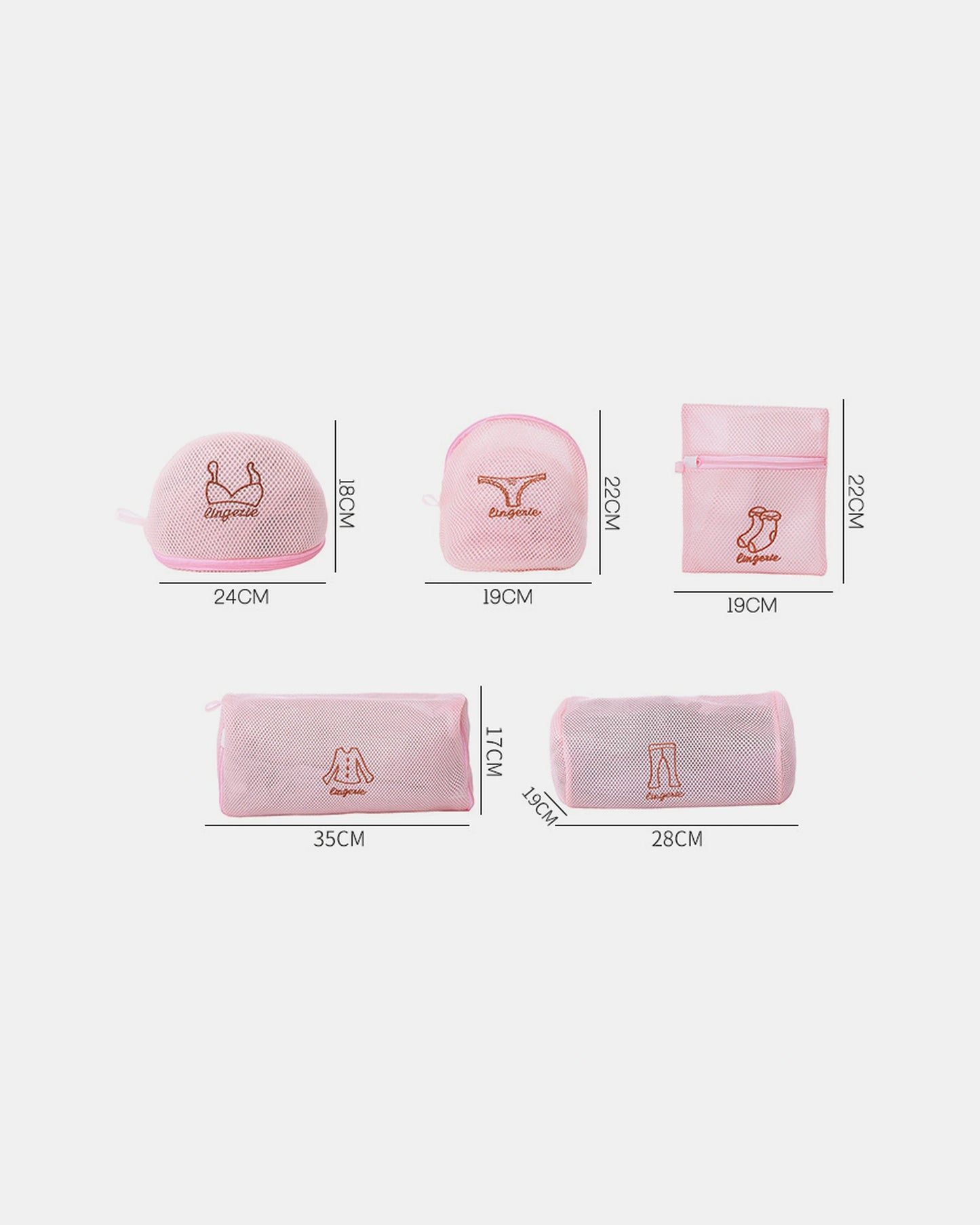 Size guide for the five-piece lingerie wash bag set in centimetres