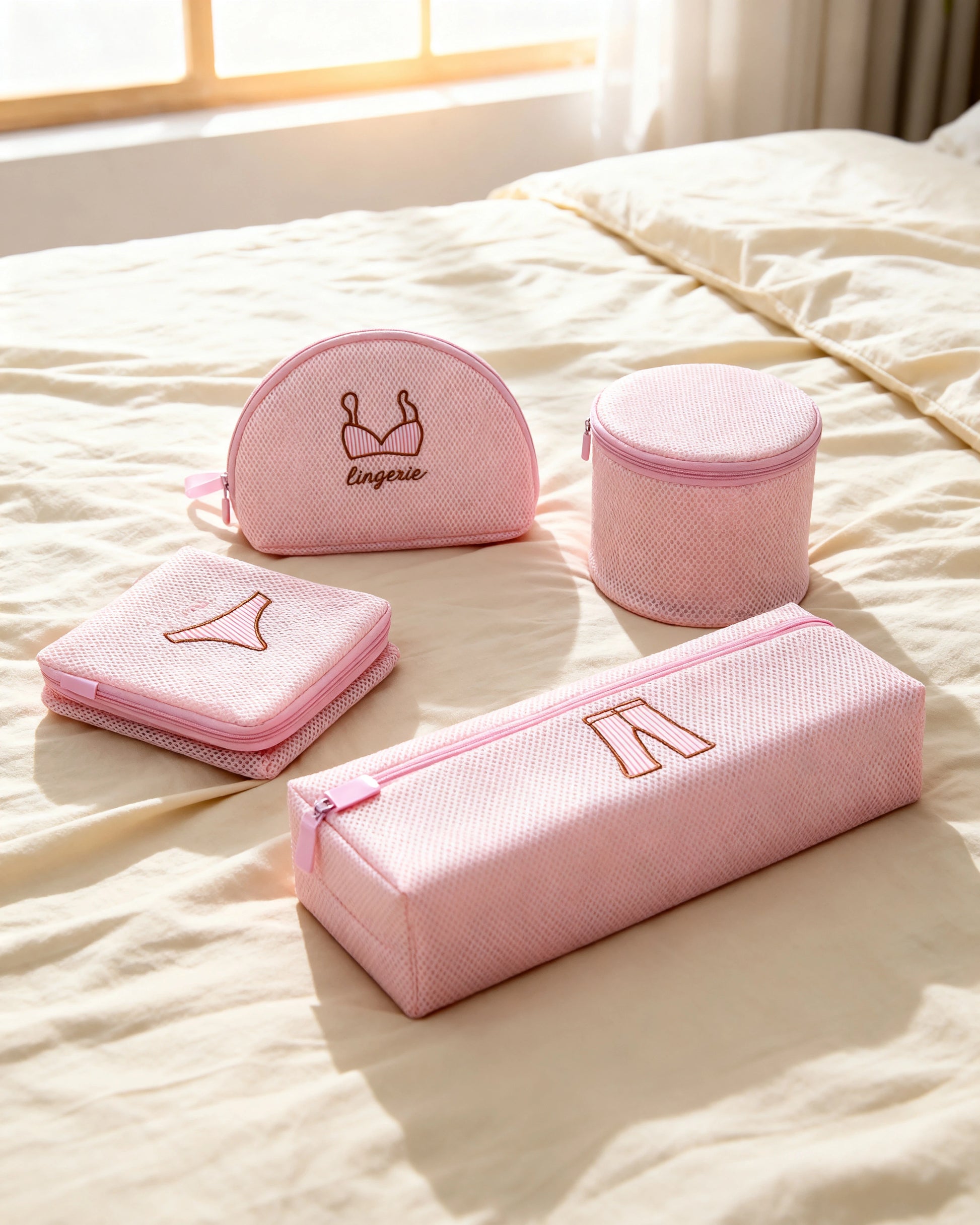 Pink mesh lingerie wash bags arranged on cream linen bedding