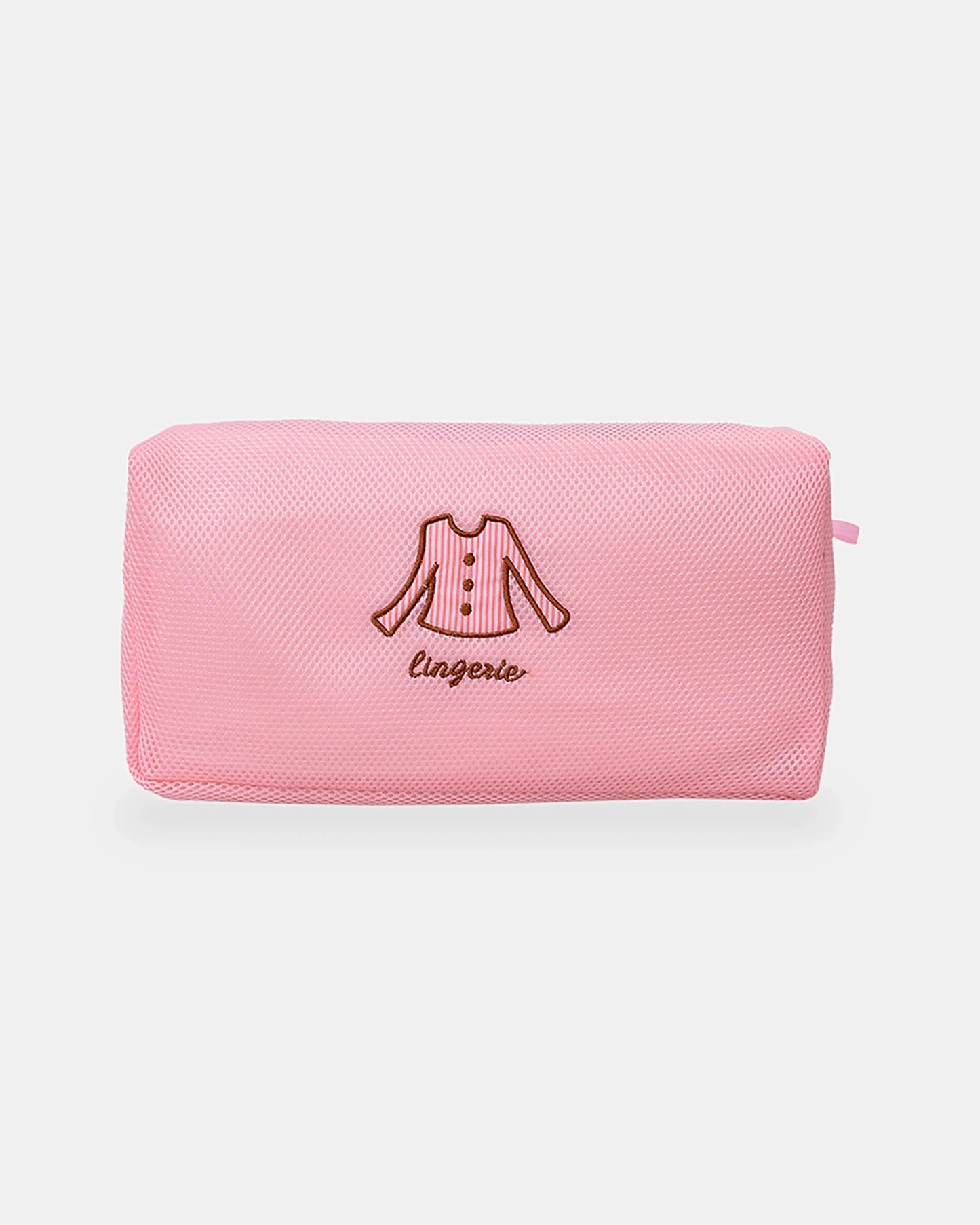 Long rectangular top wash bag in pink mesh, 35 x 17 cm