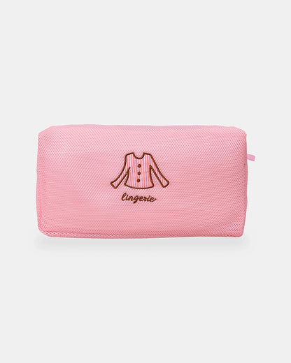 Long rectangular top wash bag in pink mesh, 35 x 17 cm