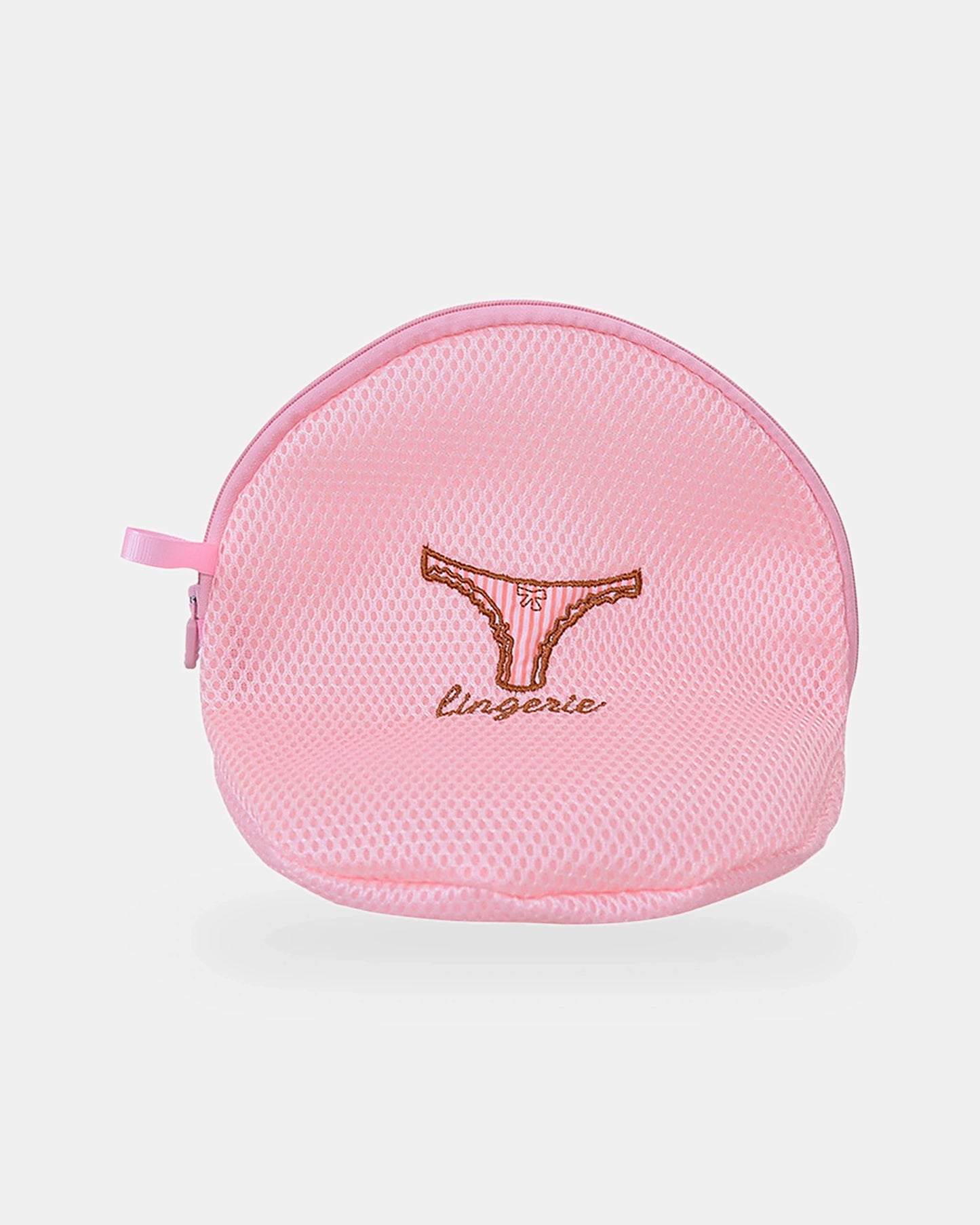 Half-moon lingerie wash bag in pink mesh, 19 x 22 cm