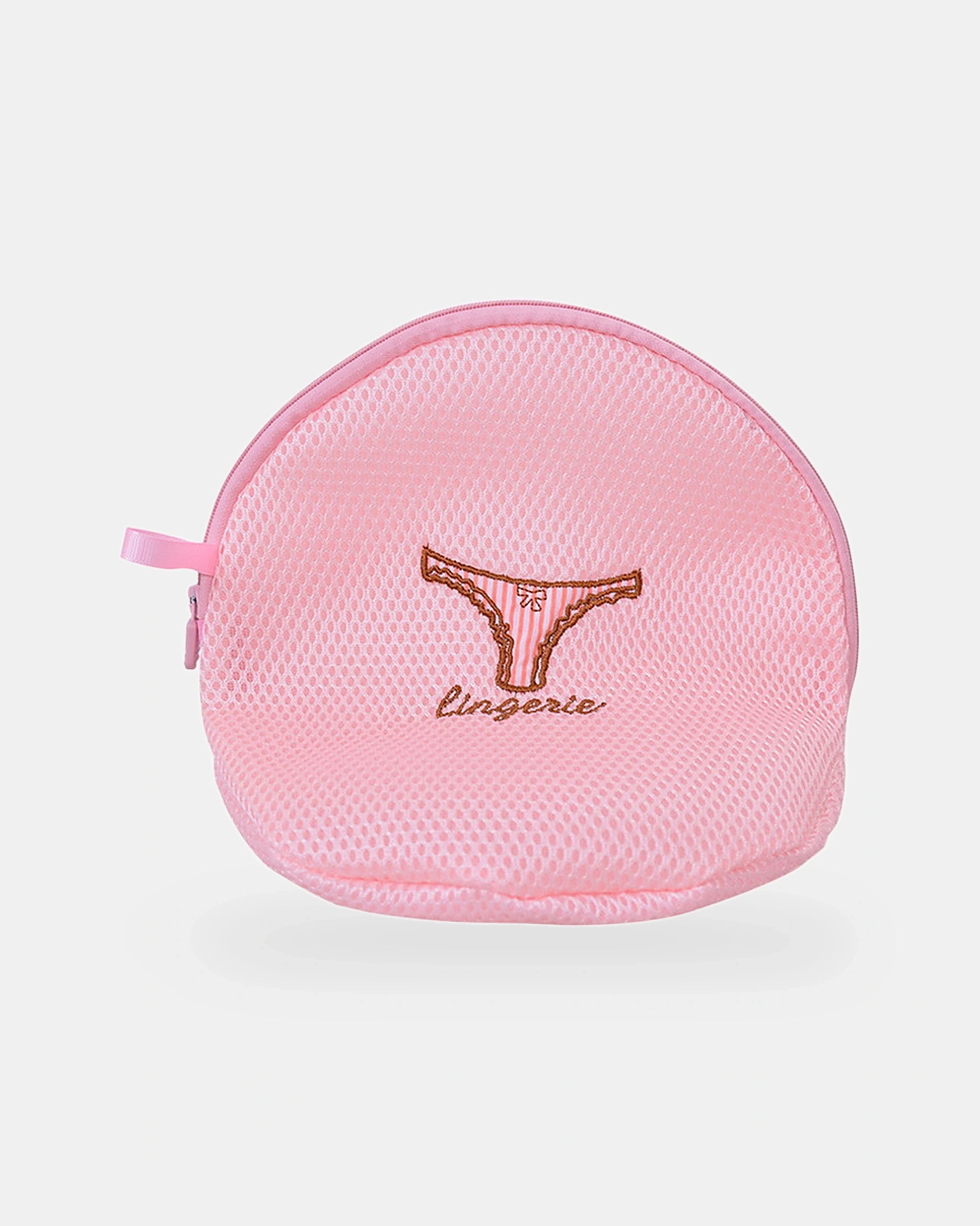 Half-moon lingerie wash bag in pink mesh, 19 x 22 cm