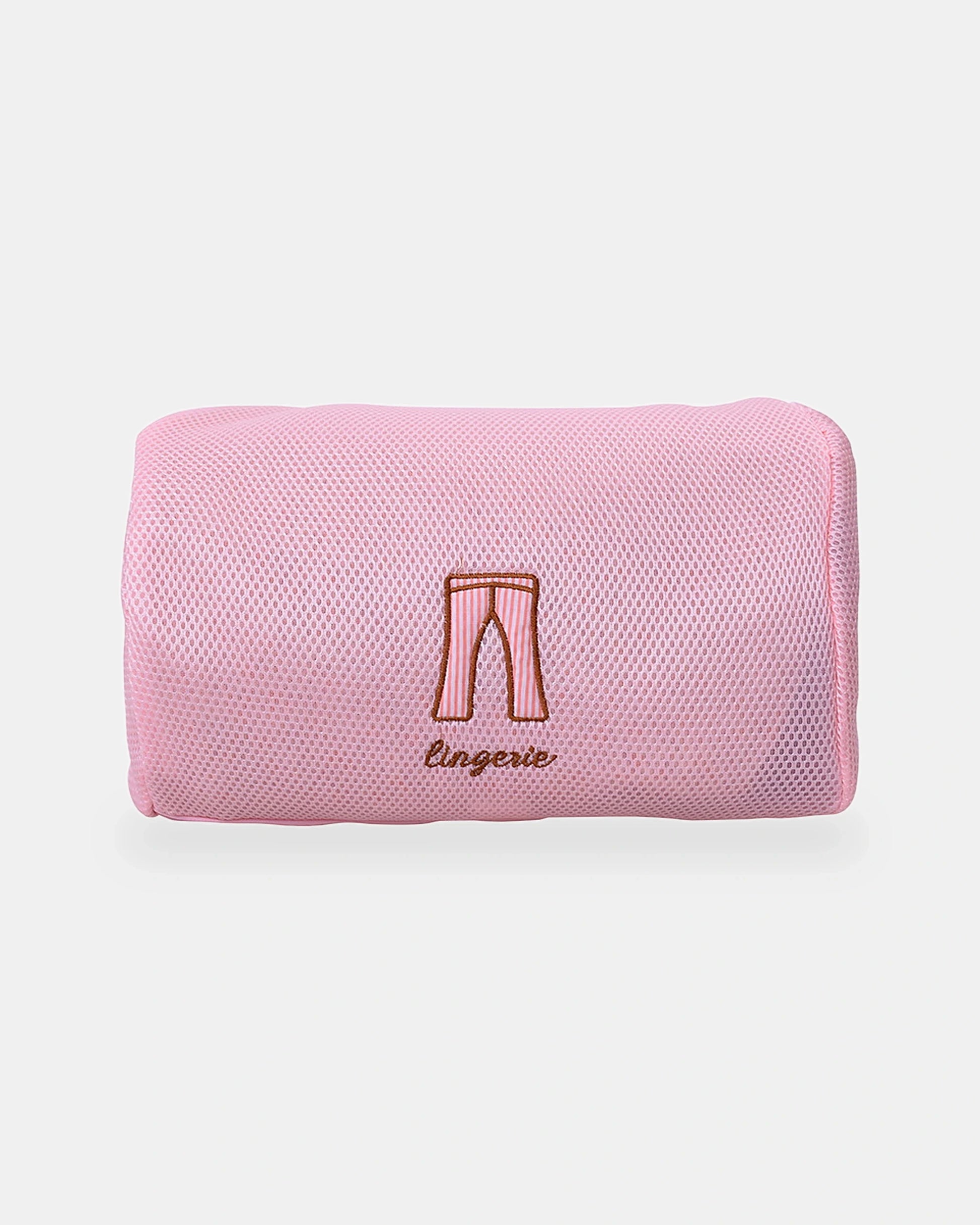 Cylindrical trouser wash bag in pink mesh, 28 x 19 cm