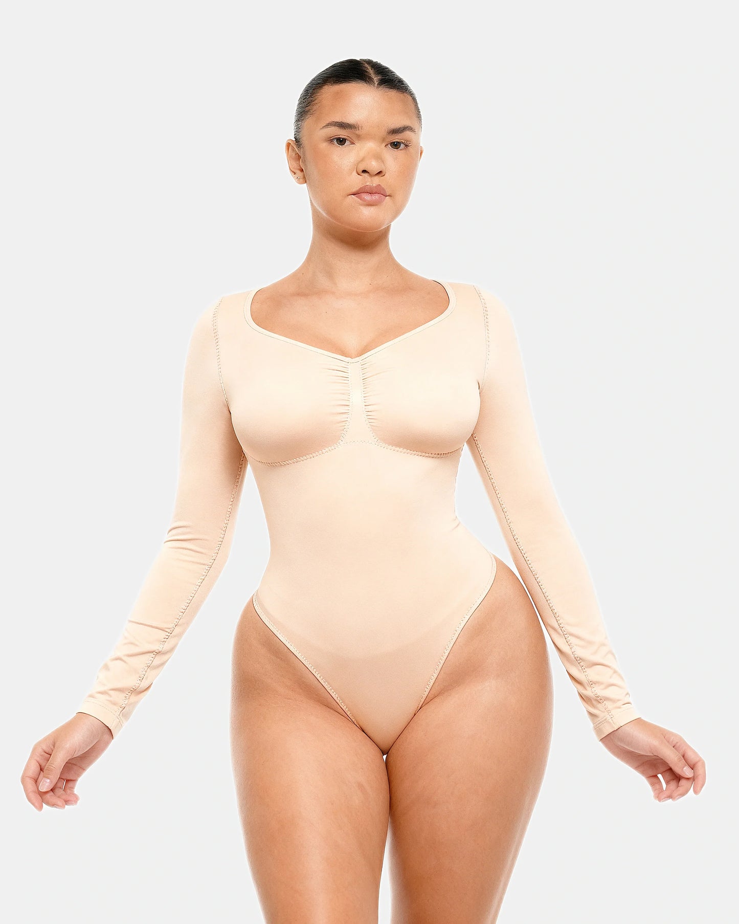 long sleeve ruched bodysuit Beige — Wear Rose