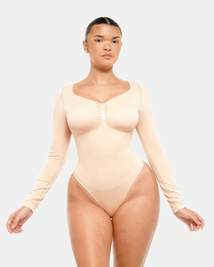 long sleeve ruched bodysuit Beige — Wear Rose
