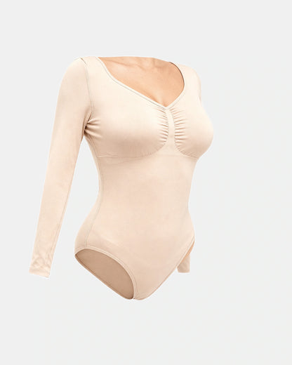 long sleeve ruched bodysuit Beige — Wear Rose