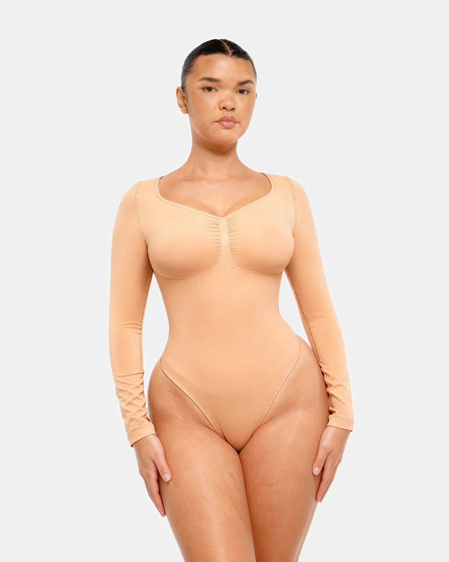 long sleeve ruched bodysuit Nude — Wear Rose