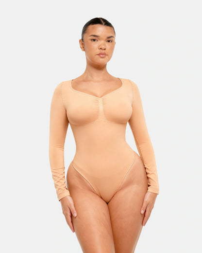 long sleeve ruched bodysuit Nude — Wear Rose