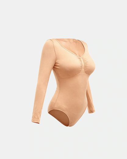 long sleeve ruched bodysuit Nude — Wear Rose